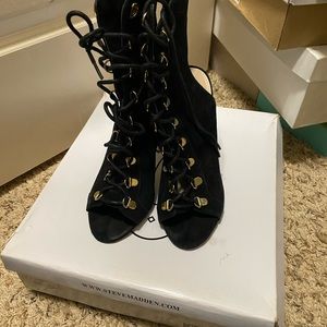 Black open toe lace up heel boots